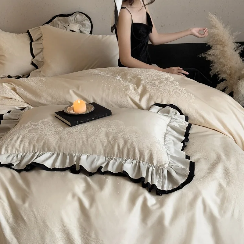 French Light Luxury Four-piece Set 100 Long-staple Cotton Jacquard Lotus Leaf Edge Quilt Cover Bed Sheet Pillowcase Bedding Set