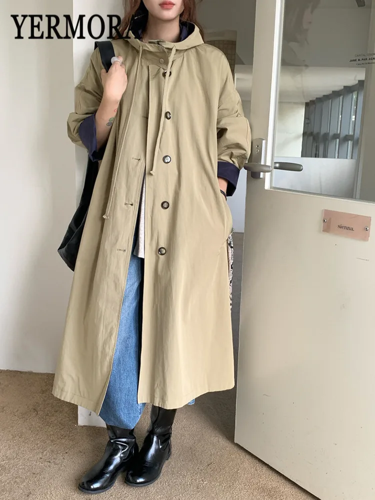 

YERMORA Khaki Button Drawstring Brief Casual Trench For Women Hooded Long Sleeve Loose New Windbreaker Fashion Autumn Winter