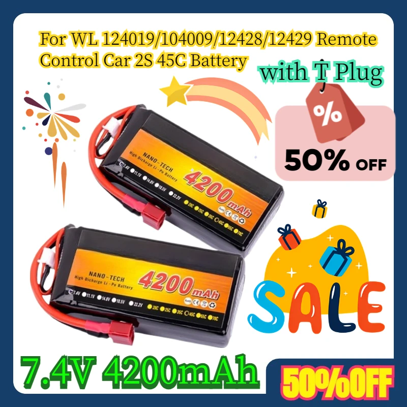 

For WL 124019/104009/12428/12429 Remote Control Car 2S 45C Battery with T Plug 7.4V 4200mAh Rechargeable LiPo Battery
