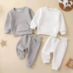 2PCS Boys Girls Cotton White Gray Geometric Sweatshirt Casual Sweatshirt Athletic Suit Best for Gifts