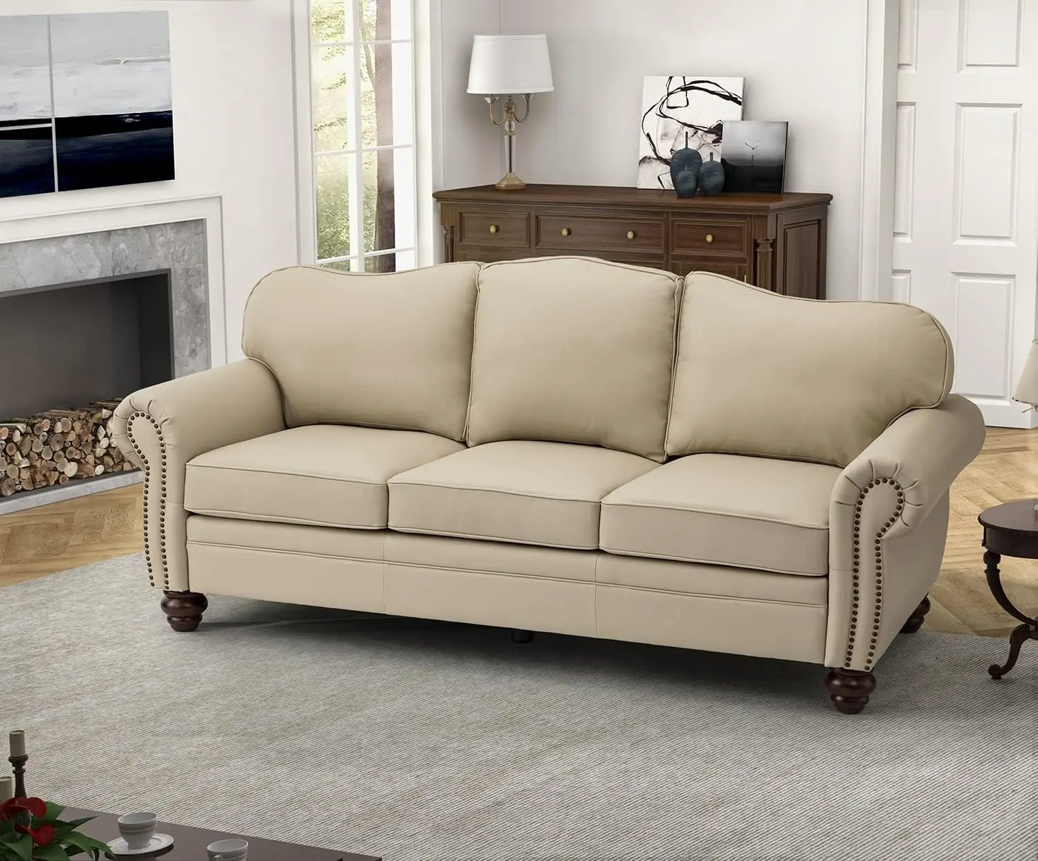 81'' Upholstered Leather Sofa with Nailhead Trim and Rolled Armrests Mid-Century Modern Living Room 3-Seater Couch Beige