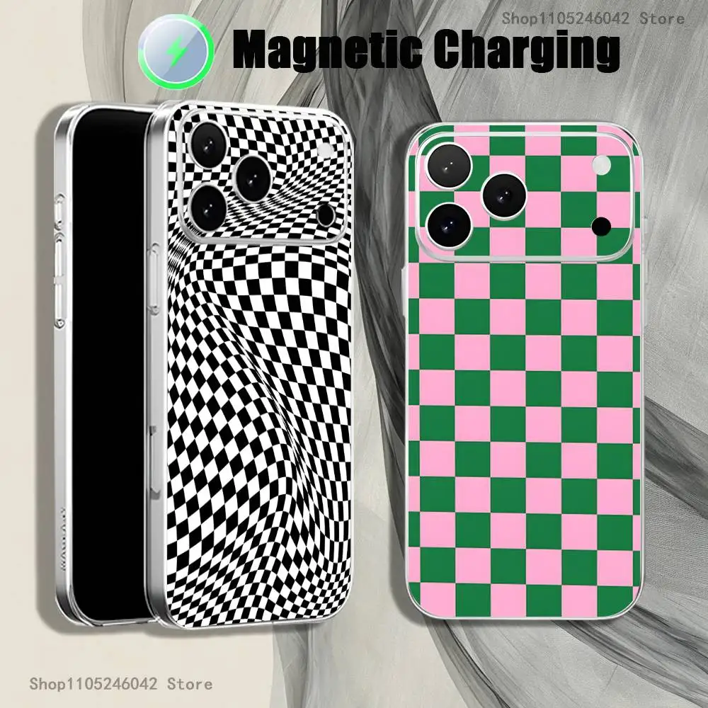

Checkered Pattern Magnetic Wireless Charging Transparent White Phone Case For iPhone 17,16,15,14,13,12,11,Pro,Max,Plus