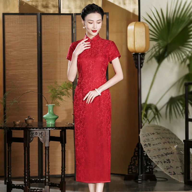 

Red Quality Real Silk Cheongsam Qipao High-End Wedding Reception Clothes Chinese Dress