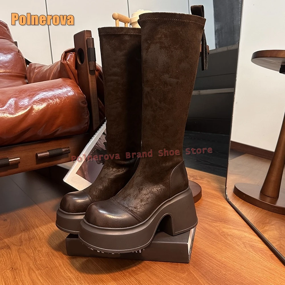 

Коричневые сапоги до колена на платформе, осень-зима 2022, новые поступления, женские эластичные сапоги в стиле ретро с круглым носком на толстой подошве и застежкой-молнией
