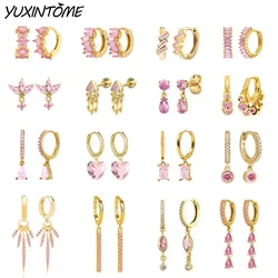 925 sterling Silver Ear Needle pink zircon Metal earrings for women water drop/star/ geometric hoop earring fine wedding Jewelry