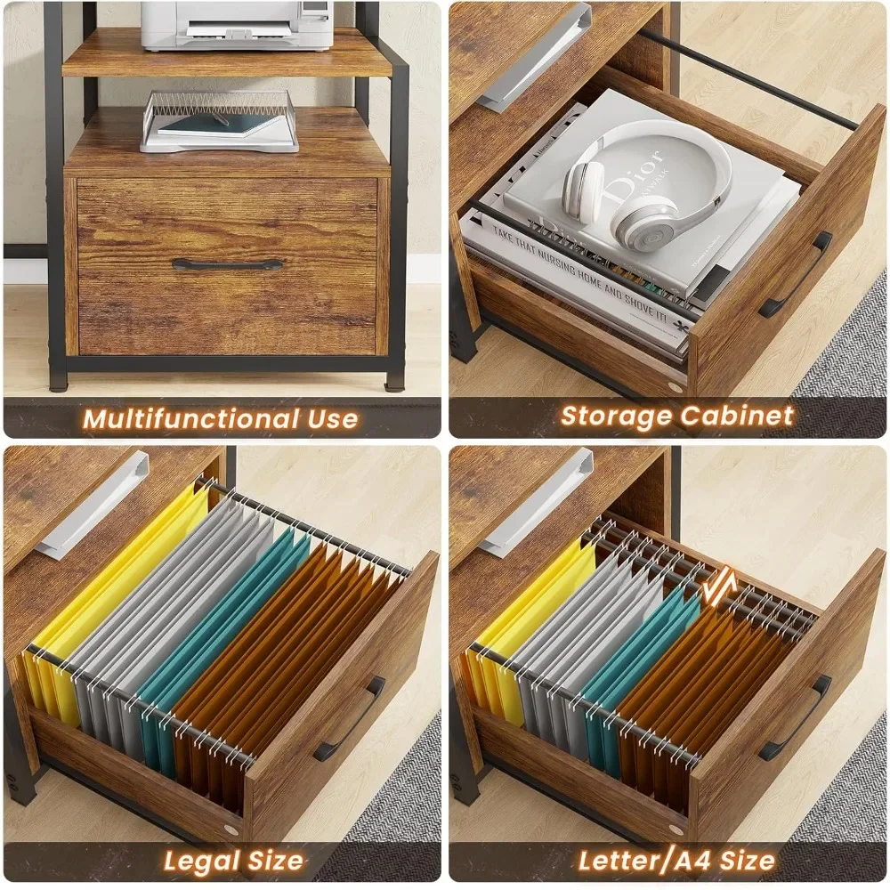 Home Office Desk with File Drawer & Power Outlet, 66'' Computer Desk with 5 Drawer, Storage Shelves, Printer Cabinet