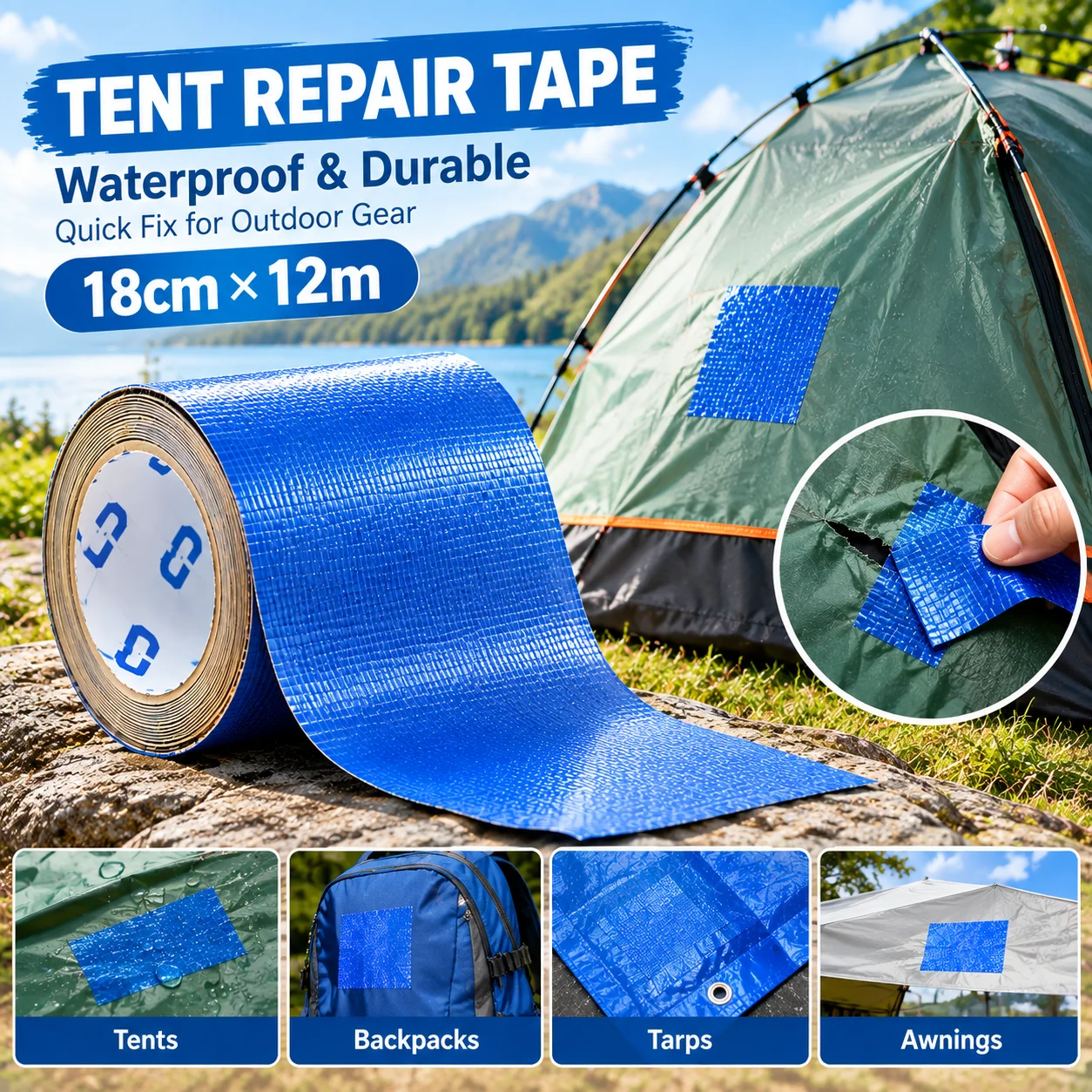 18cm x 12m Heavy Duty Waterproof Repair Tape for Tent Fabric Camping Gear Tarp Outdoor Equipment Tear Resistant Adhesive Patch
