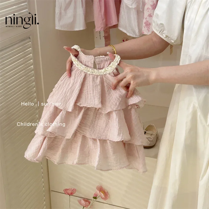 Girls Casual Dresses Summer New Children Clothing Sweet Vest Baby Cake 2024 Round Collar Fashion Soild Sweet Pink - Image 3