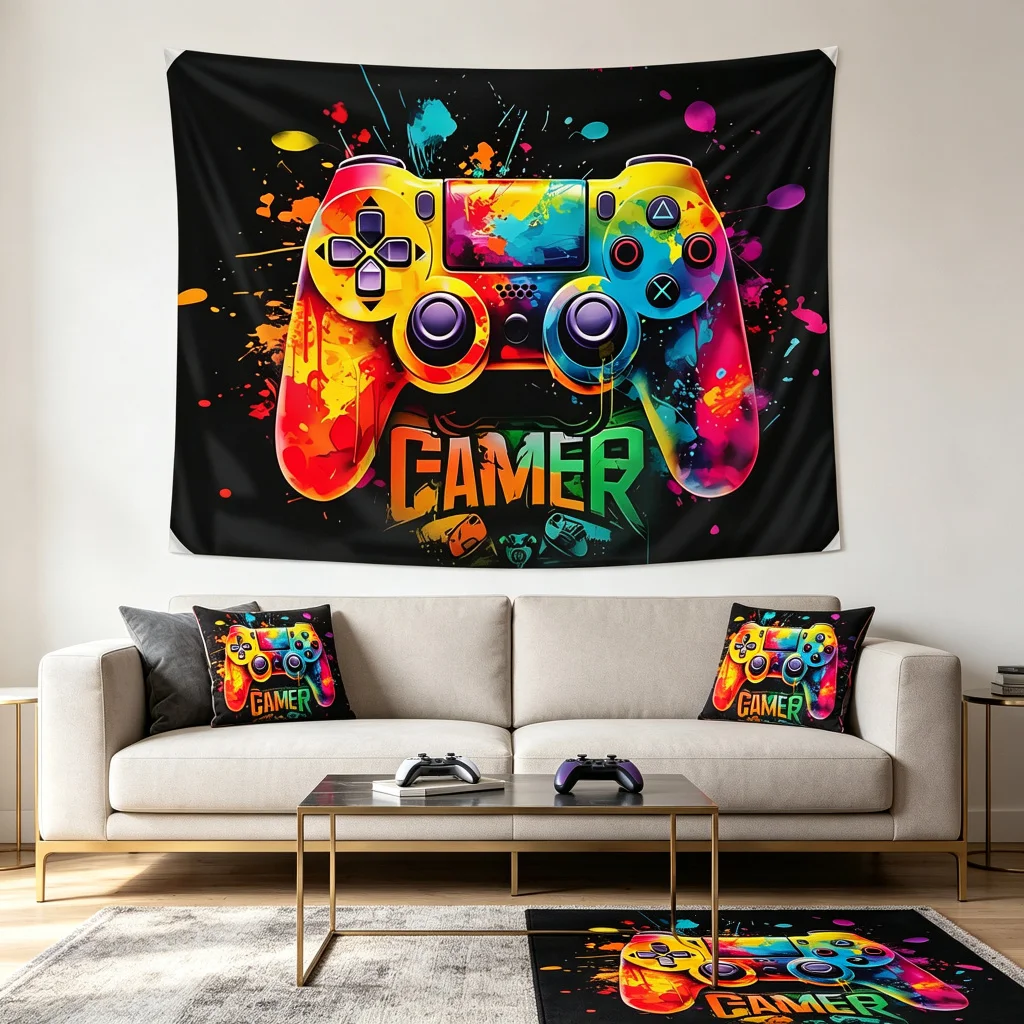 1PC Colorful Gamepad Gamer Art Print Backdrop Banner, Bedroom Living Room Photo Background, Polyester, Home Decor, Wall Art