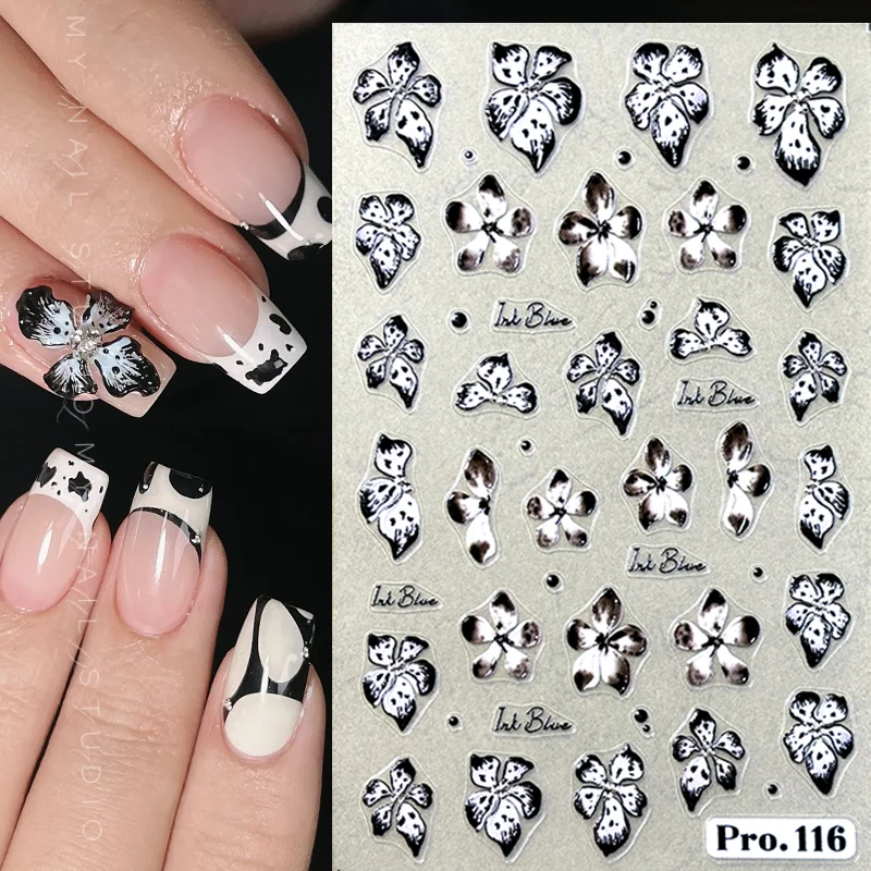 3D Flowers Nail Art Sticker White Black Yellow Petals Floral Adhesive Sliders Manicure Nail Stickers Decoration For Nail Tips