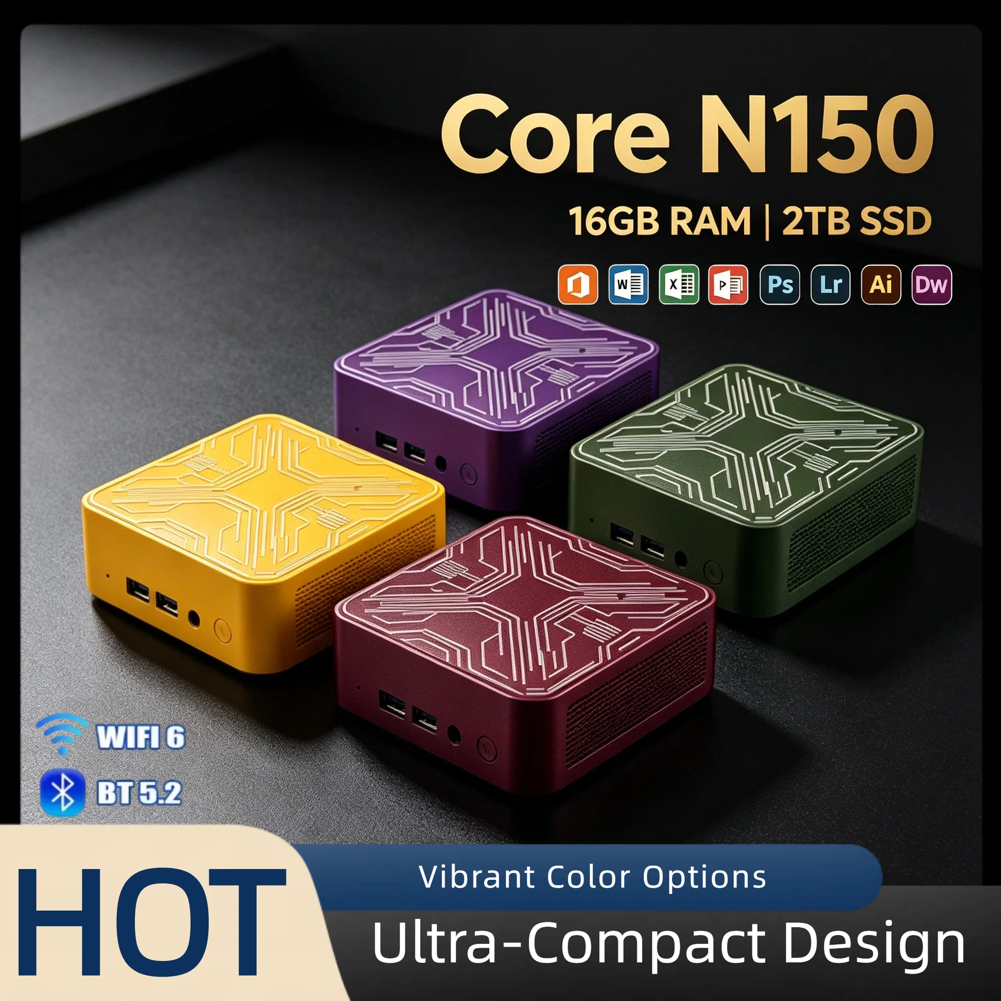 Intel Core N150 Small Form PC 16GB DDR4 2TB SSD Triple 4K HDMI WiFi6 BT5.2 Silent Cooling Home Office Desktop