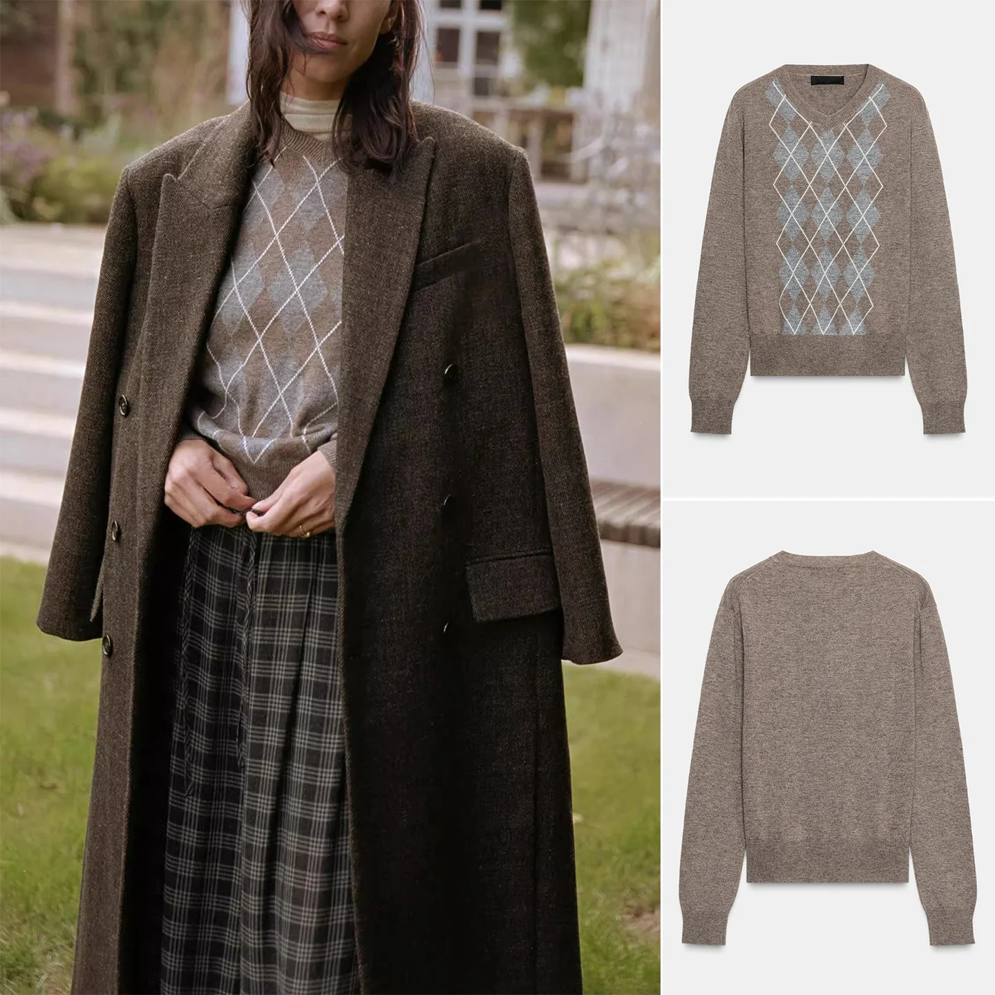 

Loose Fit V-Ne Long Sve Diamond Pattern Knitted Top Women's Casual Sle Polyester Fiber Autumn New Arrival