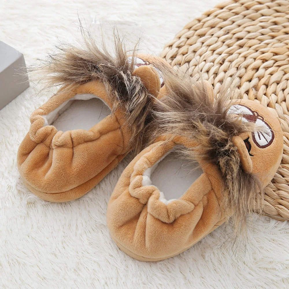 Toddler Boy Slippers Cartoon Lion Plush Warm Shoe Little Kid Winter House Shoes Soft Rubber Sole Home Indoor Footwear Baby Items