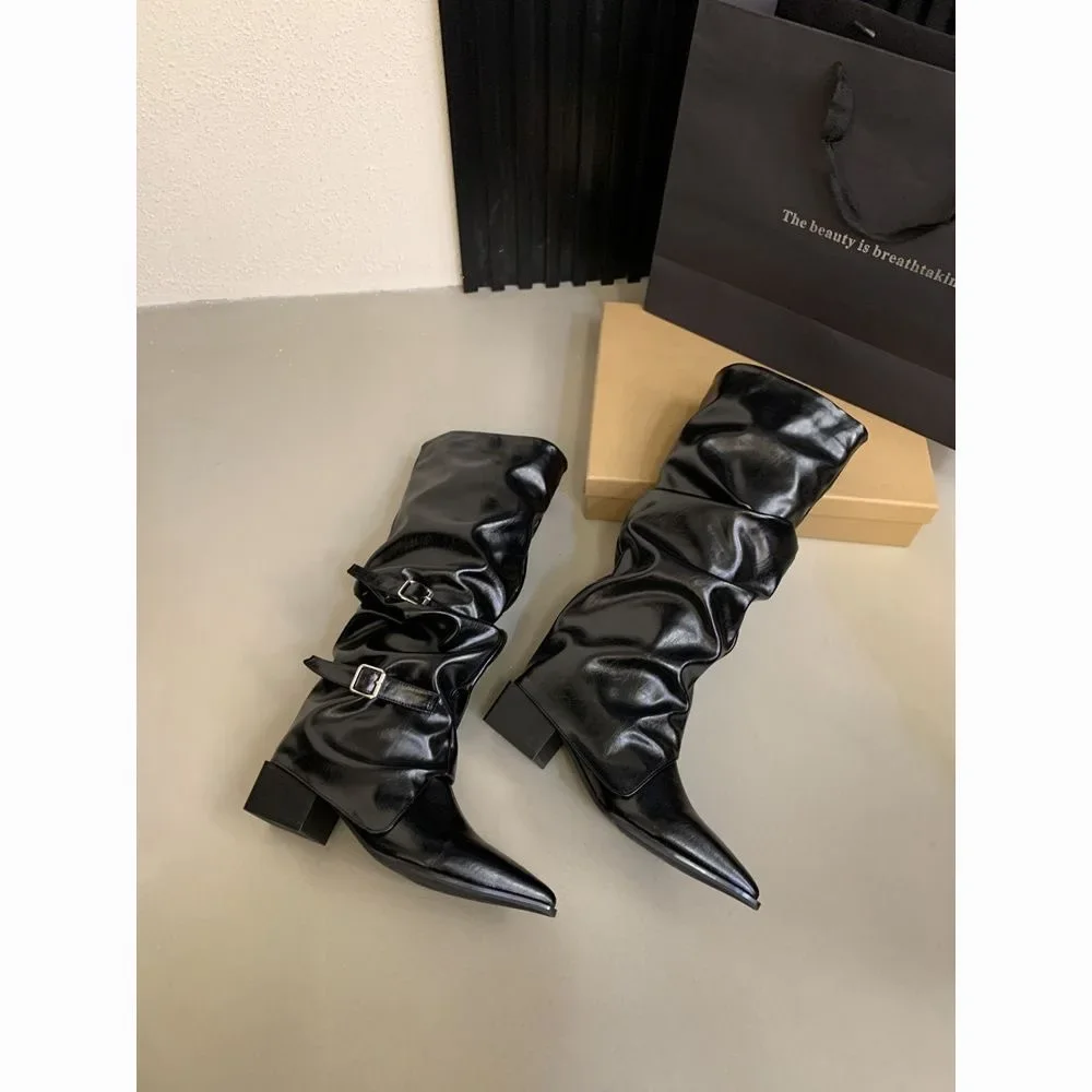 Vintage Damenstiefel mit Dickem Absatz, Frühling/Herbst, Elegante Ritterstiefel mit Gürtelschnalle – Detail 7