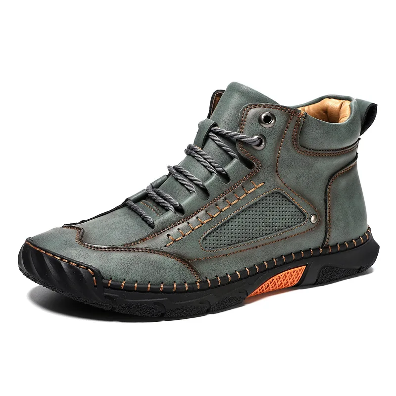 Men High Top Ankle Boots Fashion Stitched Leather Shoes Flat Lace Up Outdoor Casual Footwear Big Plus Size hand stitching