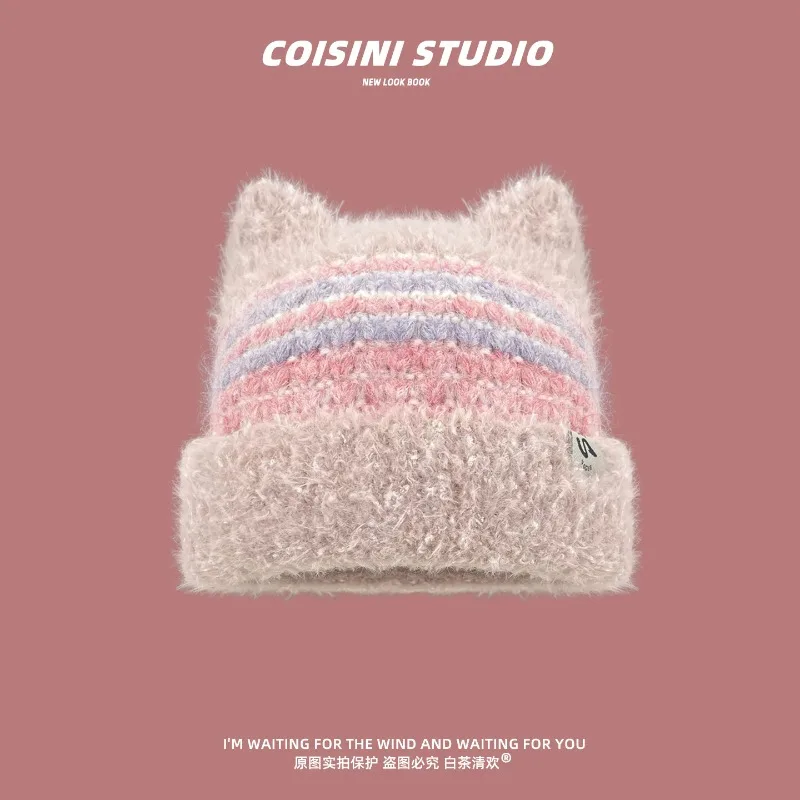 Women Cute Cat Ear Fuzzy Knit Beanies Blue White Striped Fold Cuff Winter Warm Soft Fluffy Kawaii Knitted Skullcap Streetwear