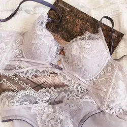 2 Pieces Summer Thin Cup Bra Sexy Lace Hollow Underwear Set for Women French Embroidery Lingerie Push Up Brassiere Panties Set