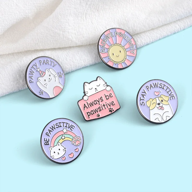 Cute Animal Round Metal Badge Foot Sole Rainbow Dog Cat Metal Badge Keep Positive Club Metal Badge Punk Lapel Pins Jewelry Gift