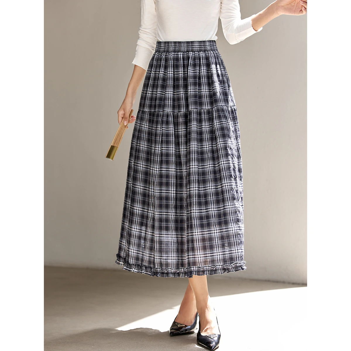 VIMLY المرأة خمر منقوشة تنورة 2025 الخريف التنانير خمر غير رسمية تصميم ميدي تنورة تخفيف كشكش ألف خط الإناث تنورة A2980