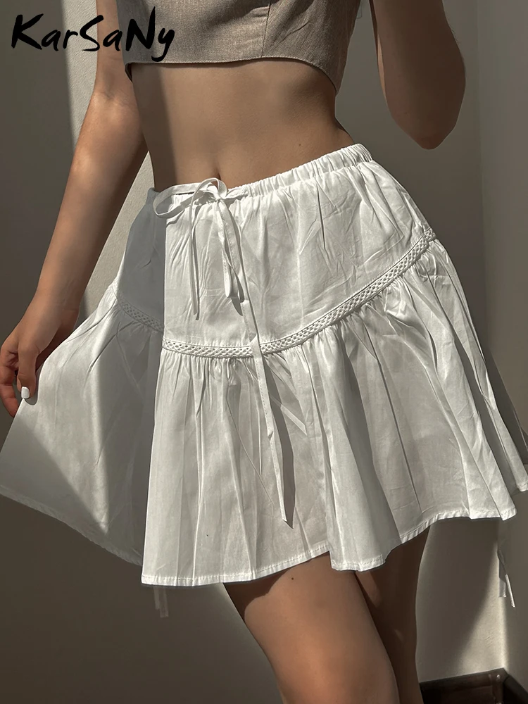 White Mini Skirts Women Summer A-line Lace Up Short Skirts With Shorts Elastic Waist Pleated Blue Mini Skirt Women School Skirt