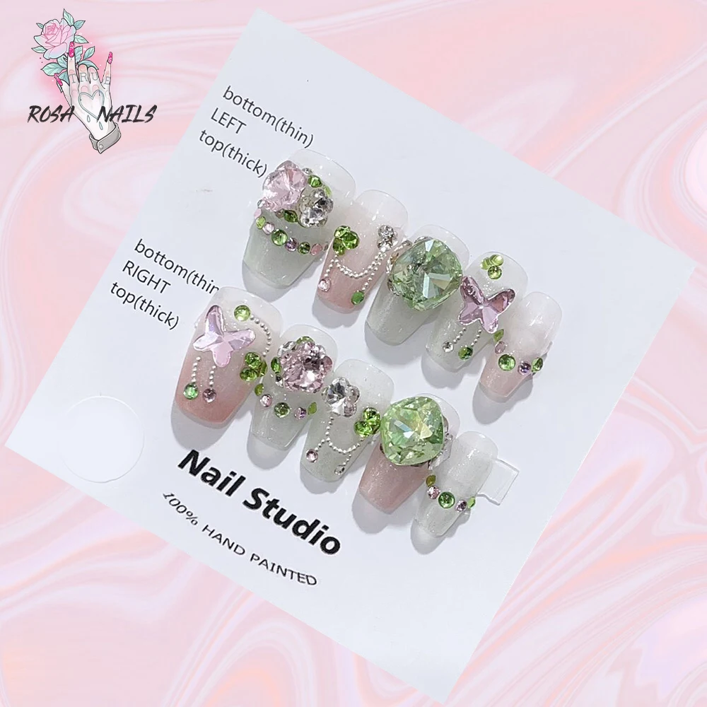 

Butterflies Rhinestones Pressons Pink Green Full Cover Medium Fake Nails Gems Crystal False Tips Handmade Giltter Press on Nails