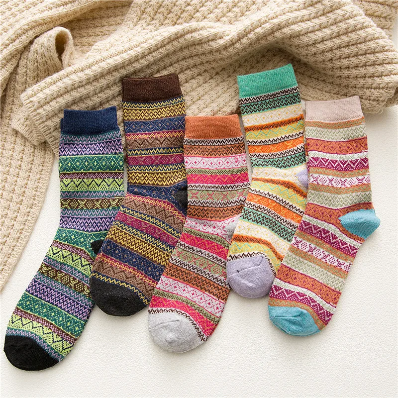 Chaussettes joyeuses à rayures, 5 paires, automne hiver, laine pour femmes, drôles, chaudes, sucreries japonaises, Tube moyen Long, Harajuku Kawaii, 395