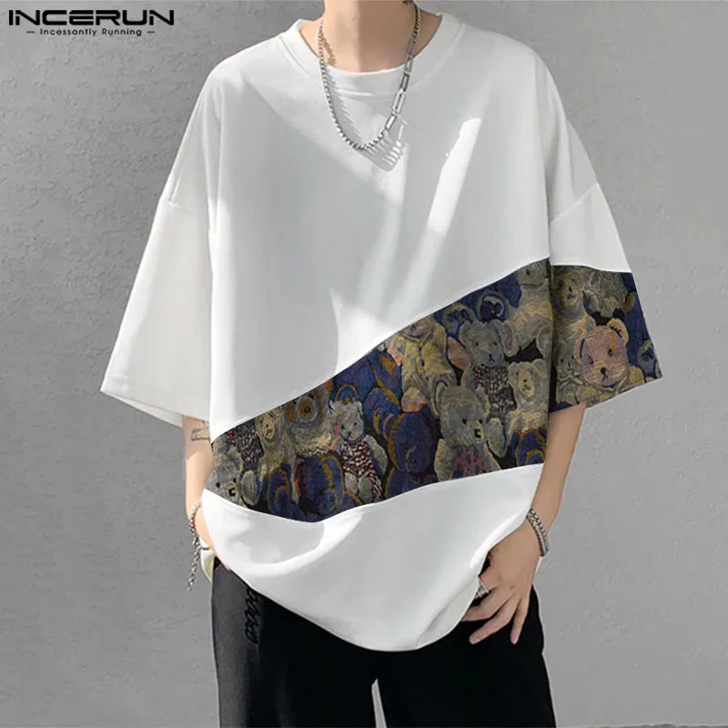 INCERUN 2024 Men Shirts Fashion Print Patchwork Tops Tee Chemise 3/4 Sleeve Streetwear Men Clothing Oversized Party Tee S-5XL