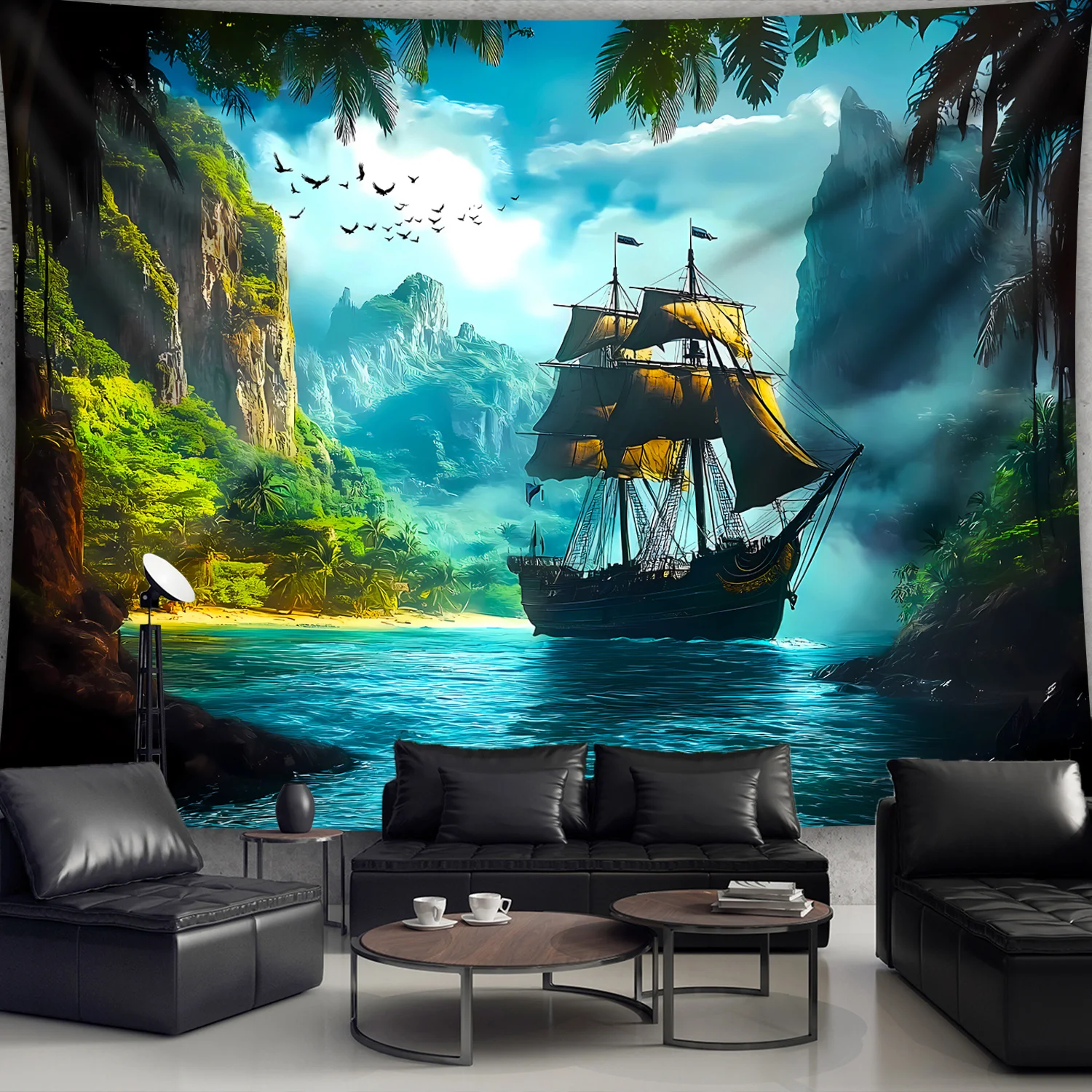 Pirate Ship Tapestry Wall Hanging Tropical Beach Ocean Landscape Tapestry Boho Home Decor for Bedroom Living Room Background