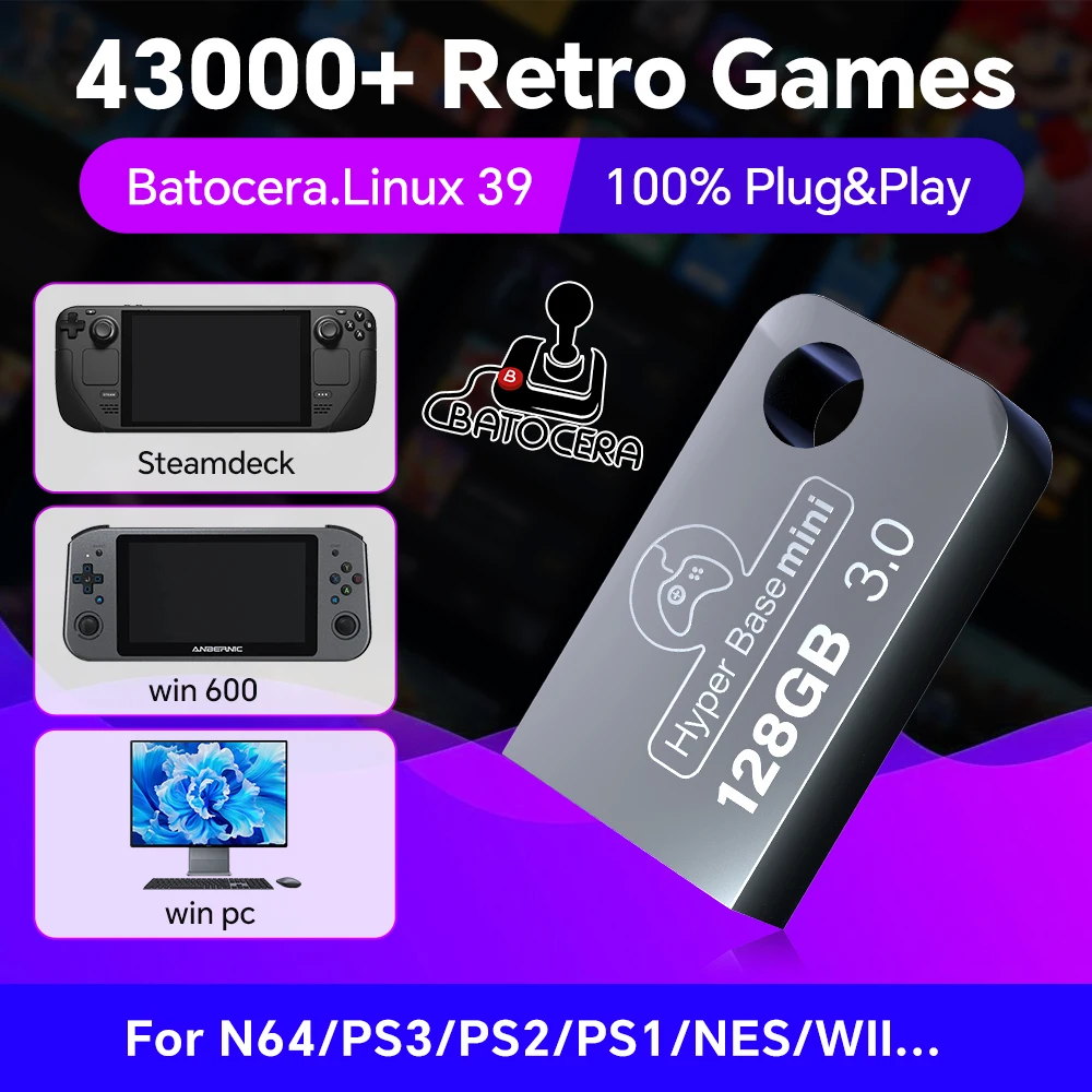 Batocera-unidad Flash USB de 128G para juegos Retro de Windows 43000, PS3/PS2/PS1/N64/WII, unidad USB para PC/consola de juegos portátil