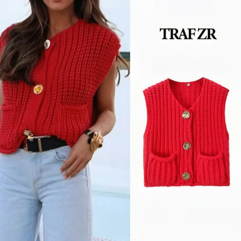 TRAF ZR Women's Tanks Lady Trend 2024 V-neck New in Vintage Comfortable Women's Luxury Casual Cozy Knitted Sexy Youth Tanks