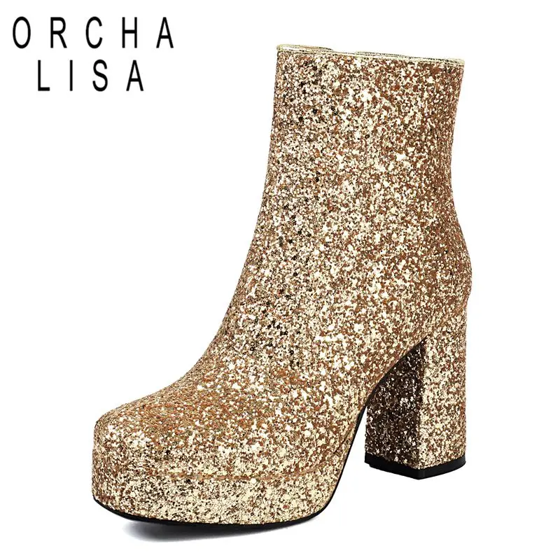 

ORCHA LISA Designer Female Bling Ankle Boots for Women 9cm Block Heels 2cm Platform Zipper Fashion Banquet Bota Plus Size 43 44