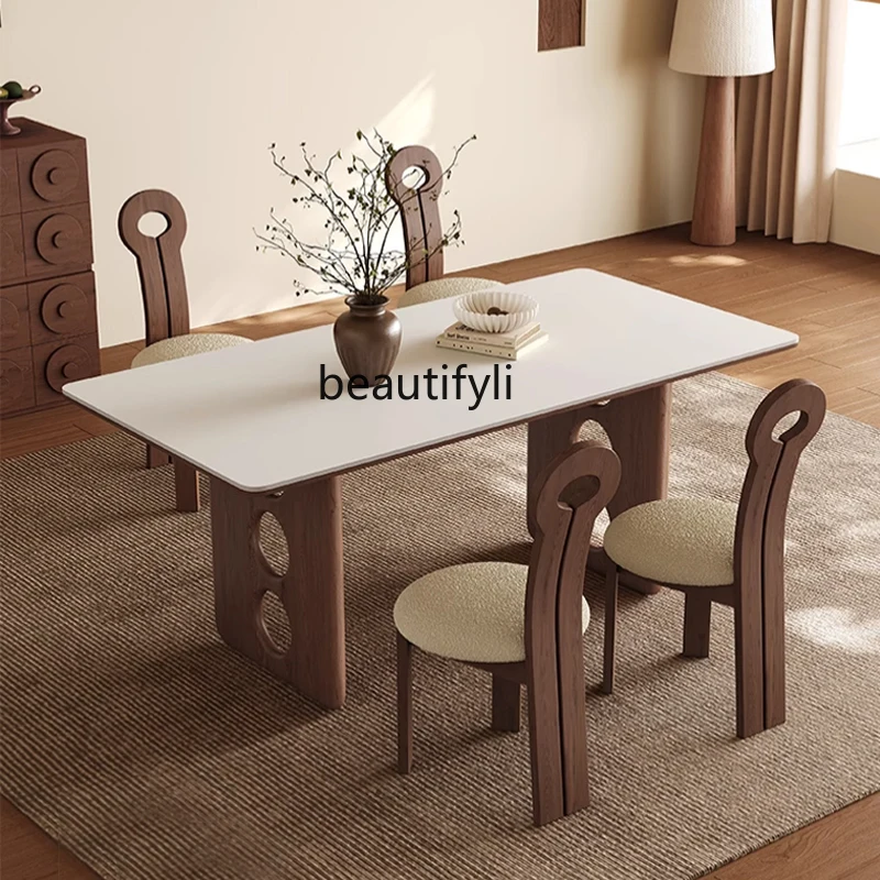 

New French dining table rectangular pure white rock slab retro home solid wood dining table and chairs