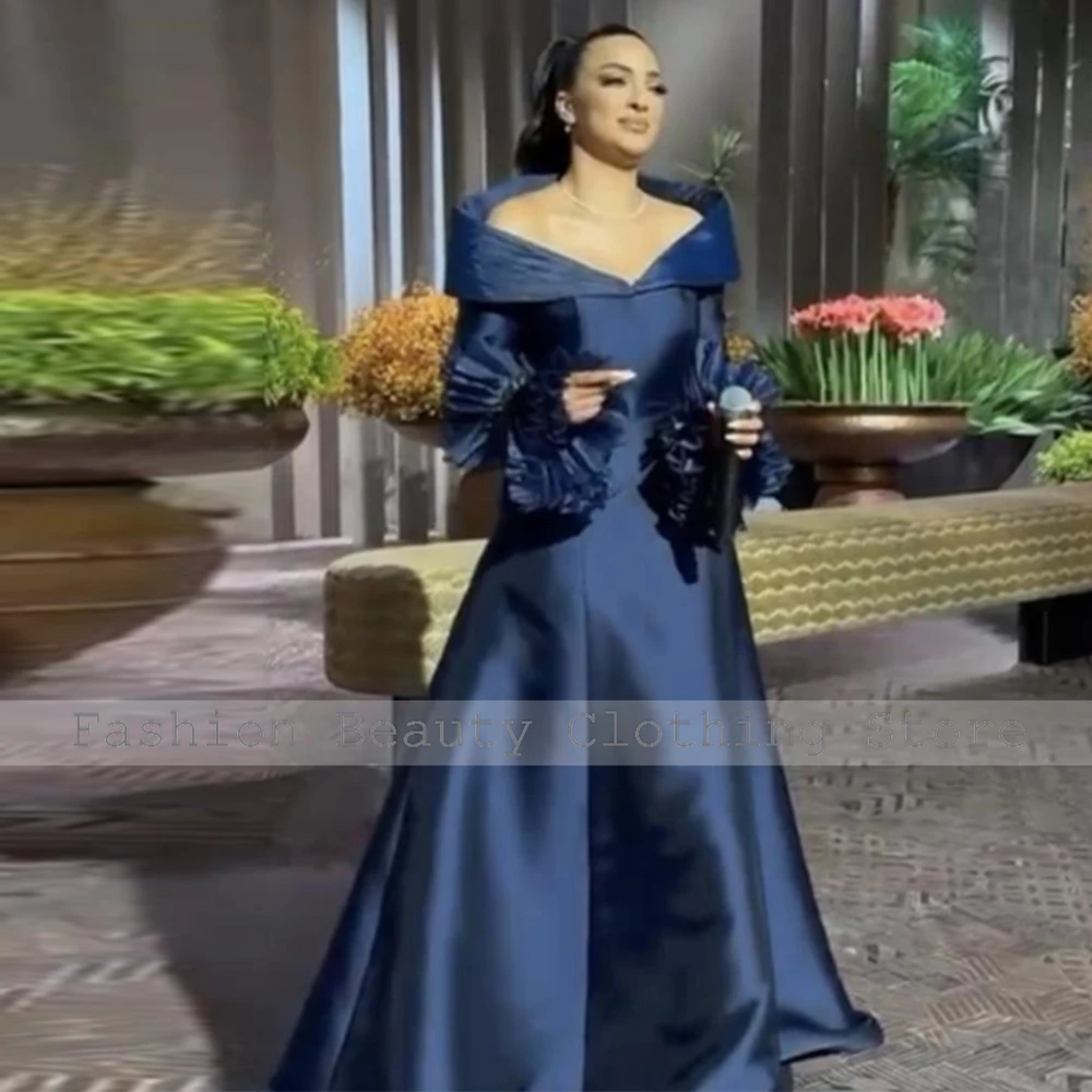 Exquisite Elegant Party Dresses Woman Dark Royal Blue Satin Ruched Ruffles A-line V-neck Floor Length Dresses Gowns 2024