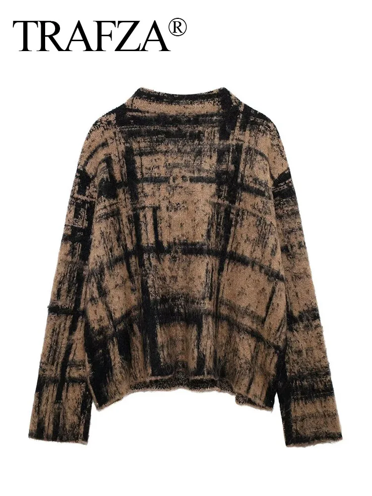 TRAFZA Female Autumn Fashion Plaid Stand up Collar Slim Sweater Top 2025 Women Long Sleeves Casual Knitted Pullover Mujer