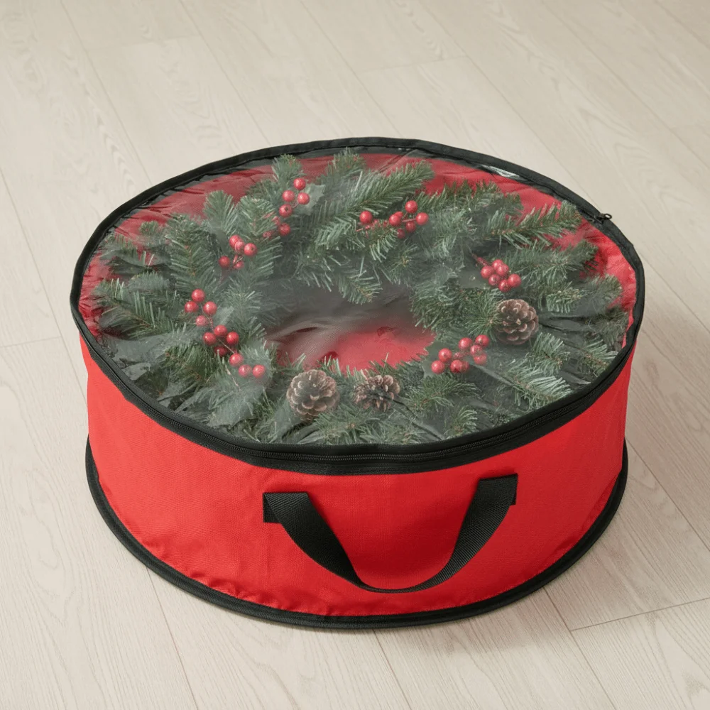 Waterproof Christmas Wreath Storage Bag Dust-proof Zipper Xmas Decor Storage Pouch with Handles Round Christmas Wreath Container