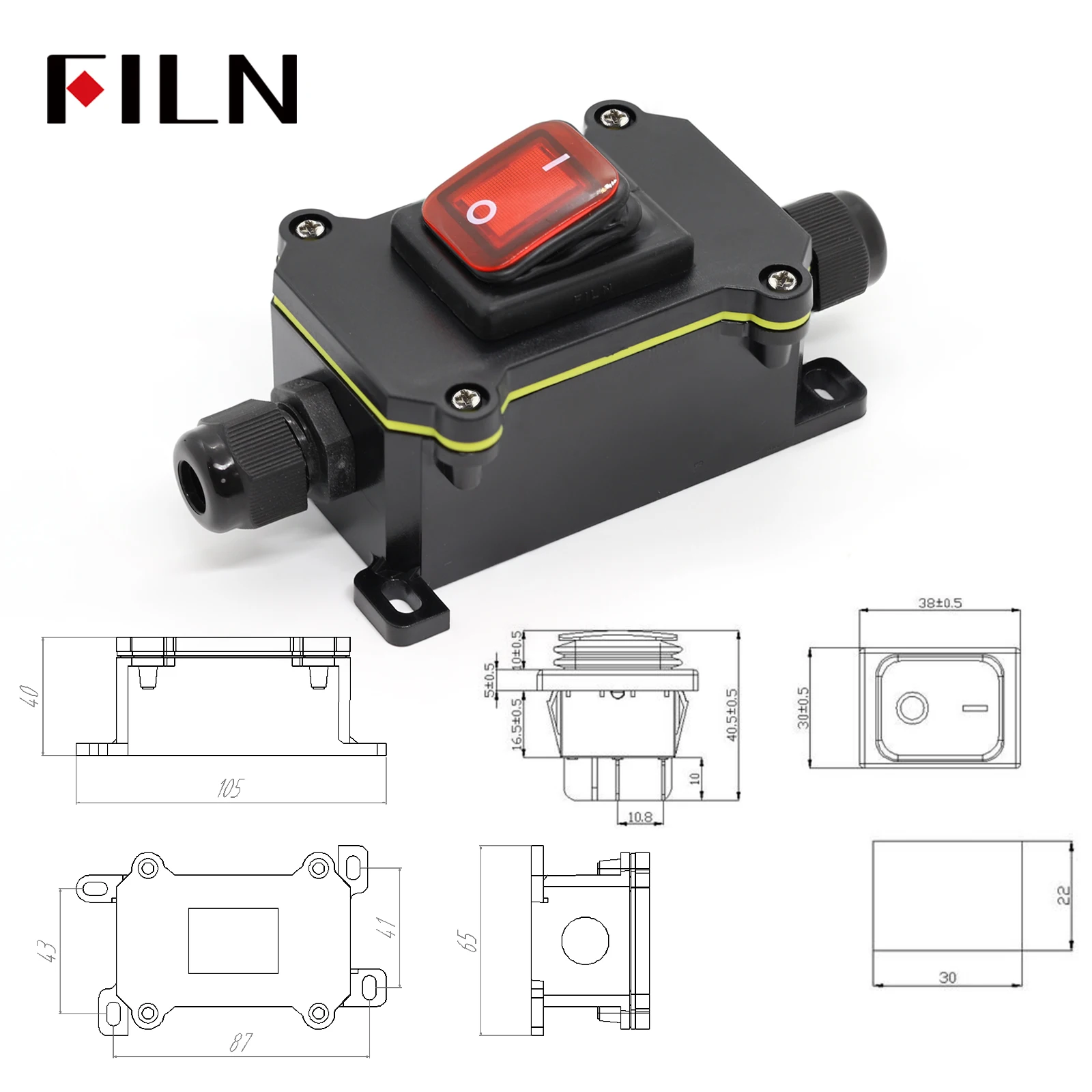 FILN 30A Toggle Switch with LED IP65 Waterproof Inline Box for Car Mods RVs Outdoor Power Marine Industrial 12V 24V 220V