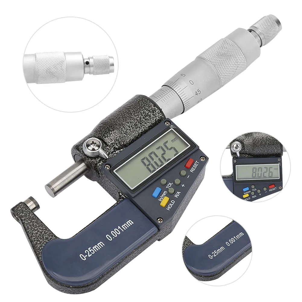 Digital Micrometer Measure Tool 0-25mm Electronic Digital Micrometer 0.001mm Thickness Gauge and Wrench Set Outside Micrometer