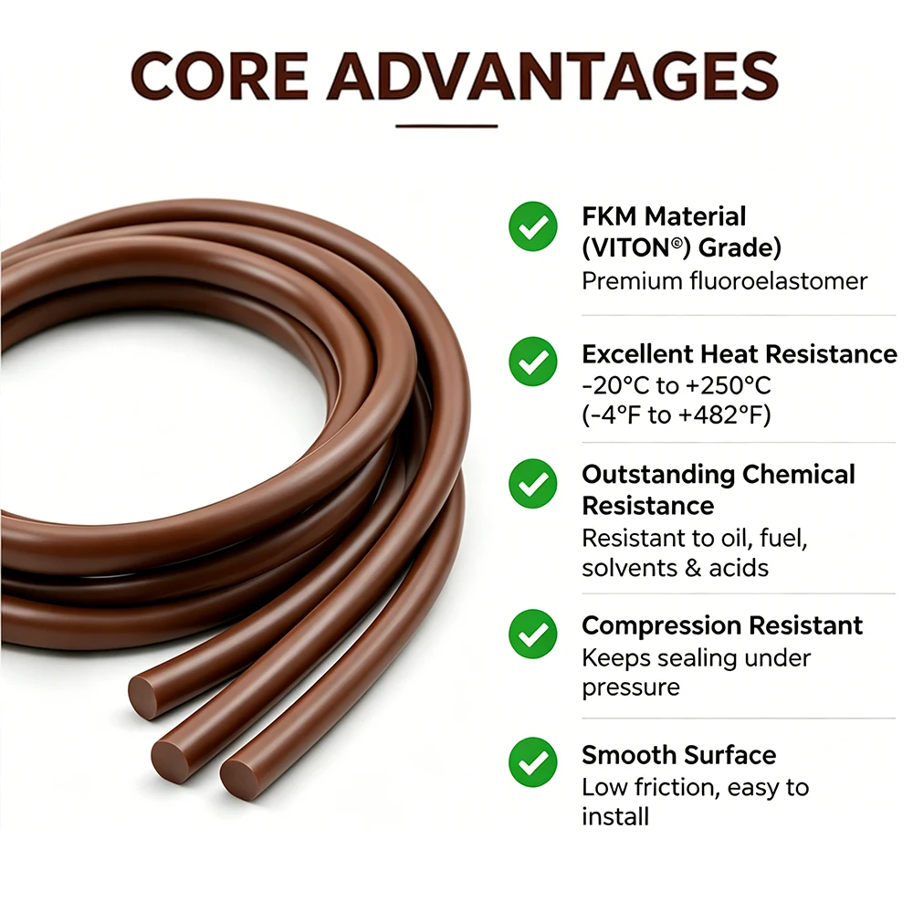 Brown FKM Vitons Fluororubber Strip Solid Round Rubber Cord Dia1.5-8mm Not Foaming High Temperature Resist Shower Seal 5/10/20M