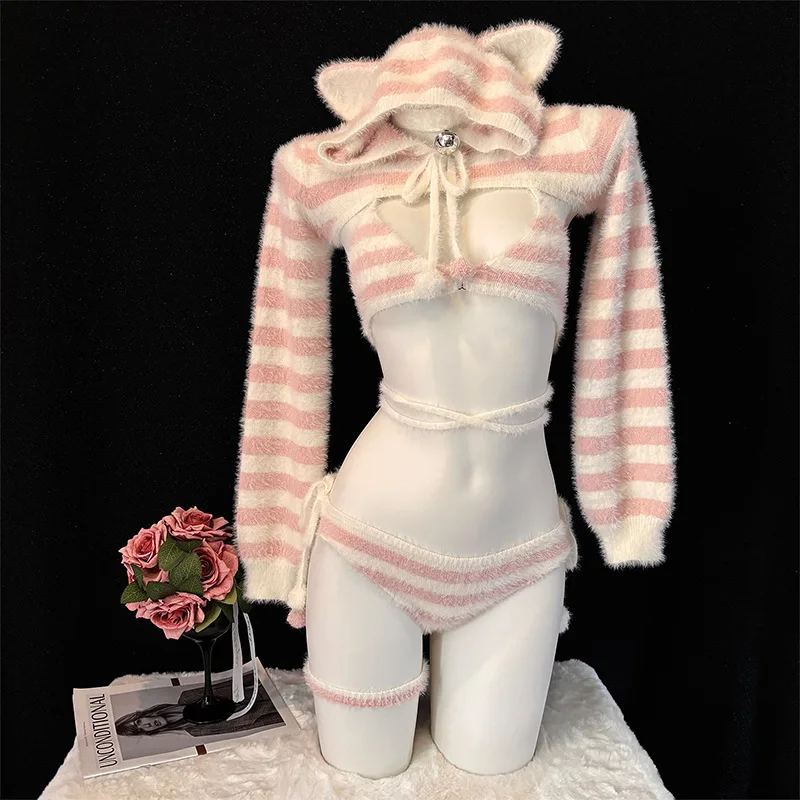 

Аниме кошка девушка униформа милый медведь плюшевые розовые полосатые пижамы наряды косплей костюм