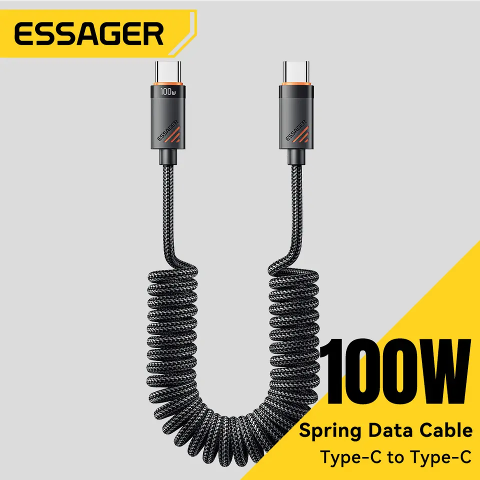 كابل Essager سبرينغ للسيارة Type C لهواتف آيفون 16 و15 و14 وشاومي وسامسونج، شحن سريع PD 100 واط لأجهزة ماك بوك وآيباد، كابل Type C إلى Type C