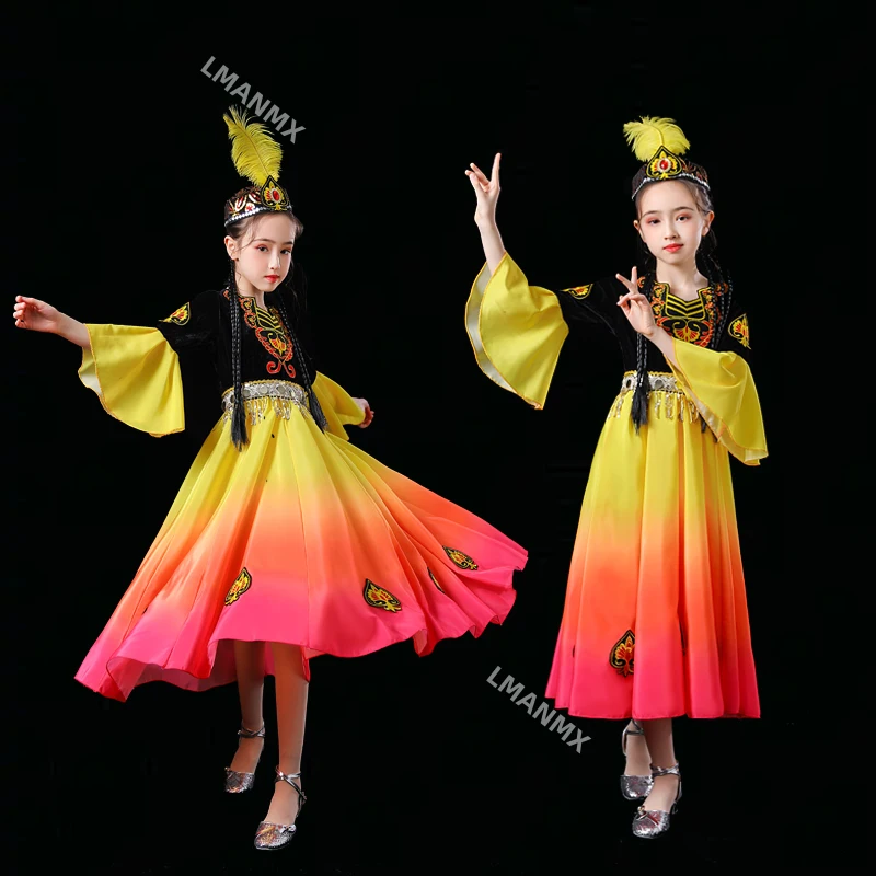 Nouveaux costumes de danse ouïghoure, costumes de spectacle de danse du Xinjiang pour enfants, grande jupe kazakh petite et élégante