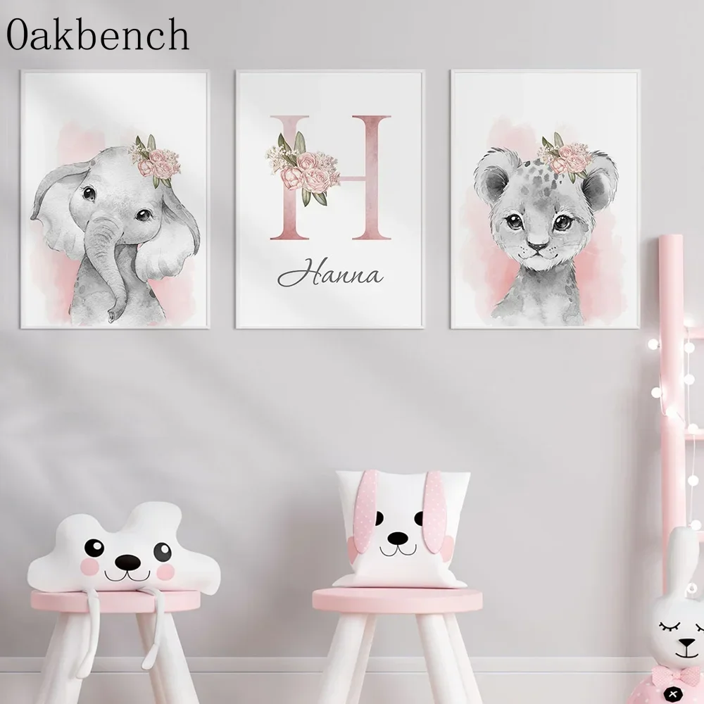 Pink Personalized Name Custom Art Animals Hanging Pictures  Flower Picture Nursery Decor Poster Girls Bedroom Decor No Frame