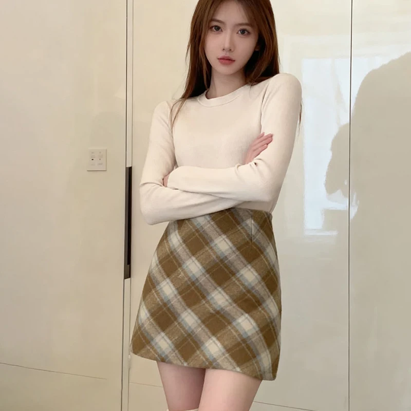 

Трендовые шерстяные клетчатые юбки контрастного цвета, женские корейские популярные короткие юбки трапециевидной формы для женщин, сексуальные облегающие мини-юбки для похудения