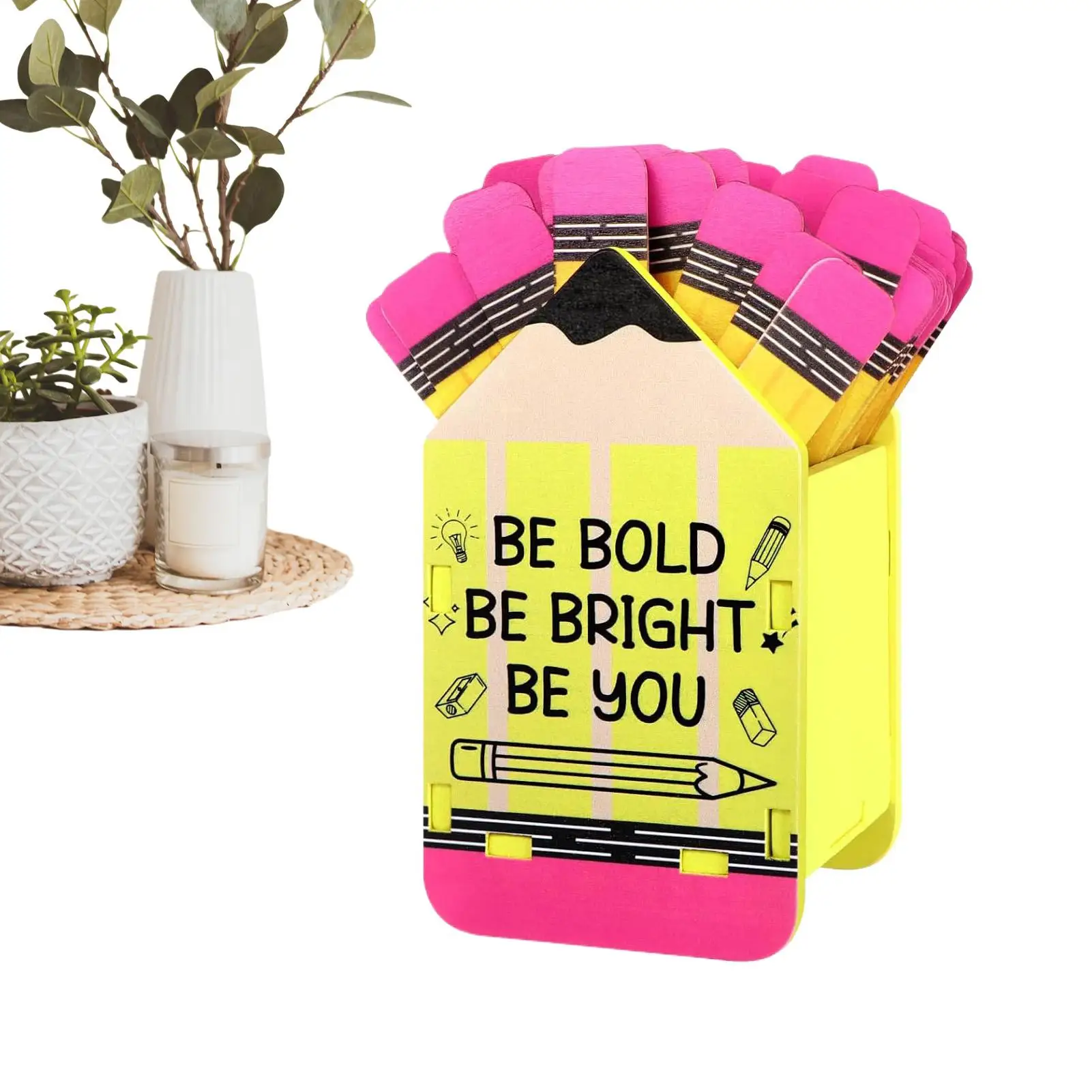 Pencil Shaped Name Sticks 50-Tag Wooden Easy Access Tool Name Sticks with Storage Cup for Teachers Students Parents Elementary