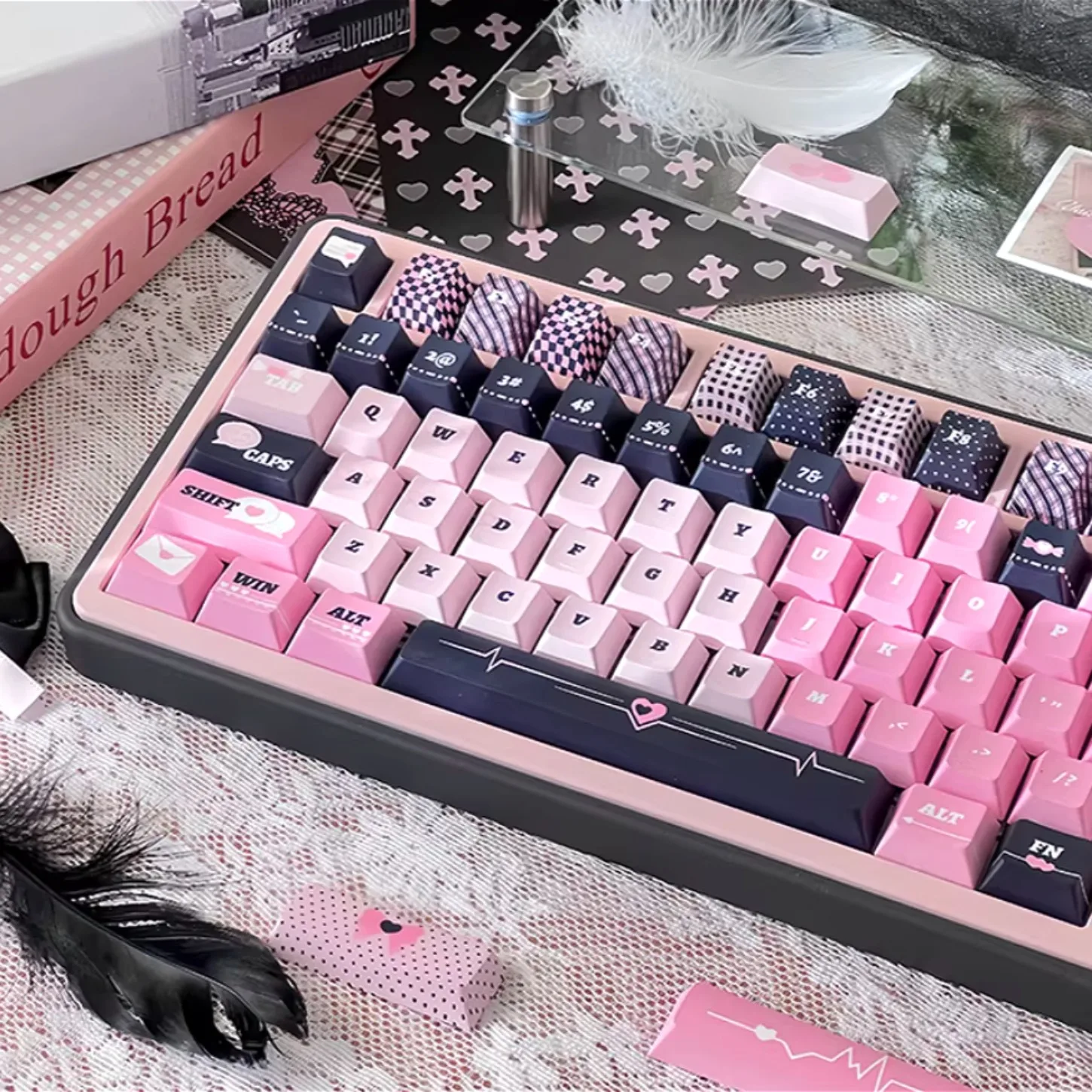 Heart Signal Theme Cherry Keychain PBT 132 Key Black Powder Compatible with 60/64/84/98/108 Mechanical Keyboard