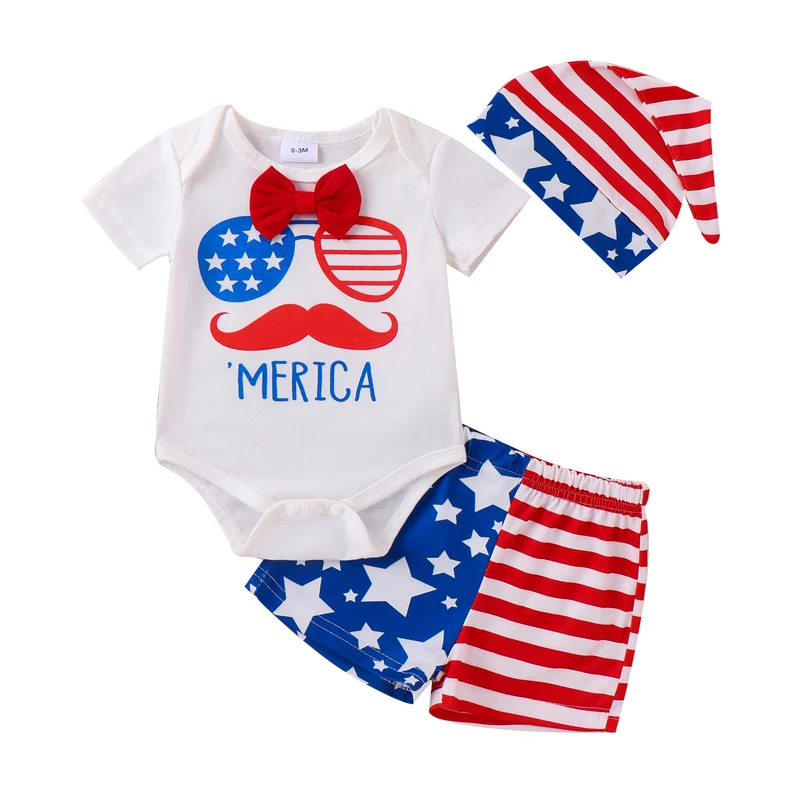 

4th of July Baby Boys Outfits Letter Glasses Print Bow Short Sleeve Rompers Stripe Stars Print Shorts Hat 3Pcs Clothes Set