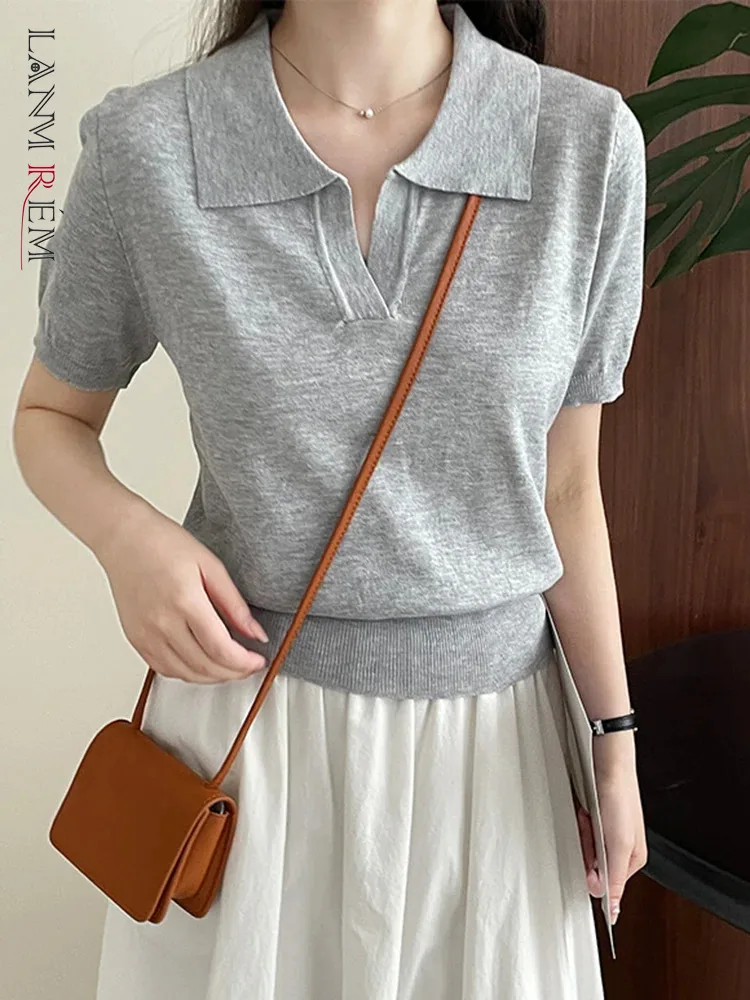 

[LANMREM] Minimalism Knitting Lapel Short Sleeve T-shirt For Women Solid Casual Loose Female Top 2024 Summer New 26D9723