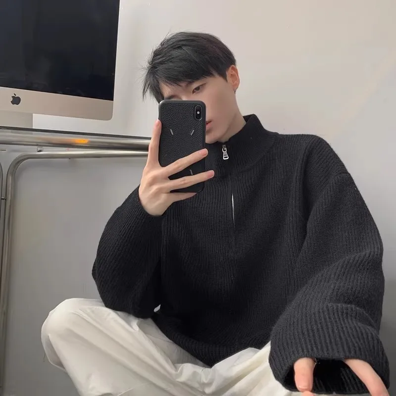 

Half Zip Knitted Sweater Men's Clothing Spring Autumn Popular Warm Turtleneck Coats American Retro Lazy Loose Black Jacket