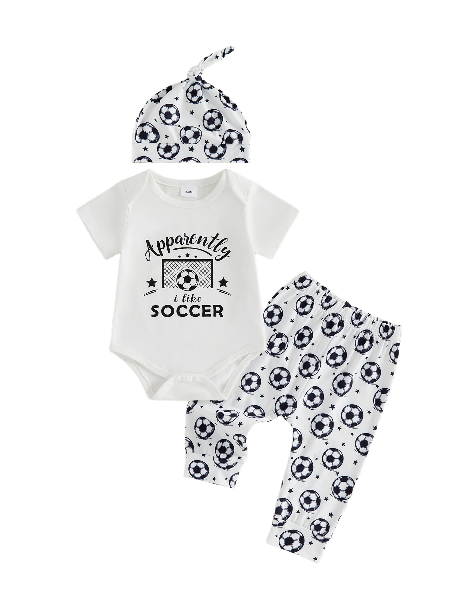 

Adorable Infant Boy Summer Ensemble with Fun Soccer Print Comfortable Crew Neck Romper Shorts and Matching Cap - 3 Piece Set
