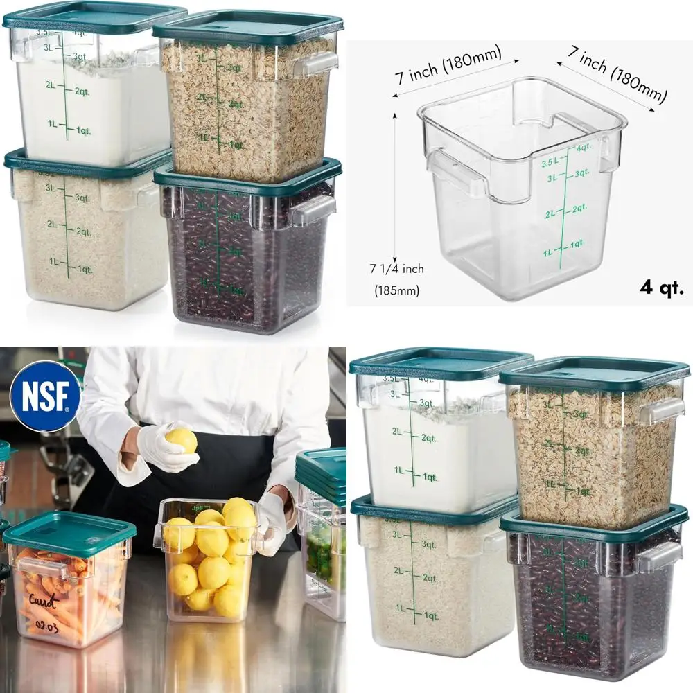 

4-Piece Commercial Quality Clear Polyethylene Storage Containers with Green Lids, 4.0 Qt, Square